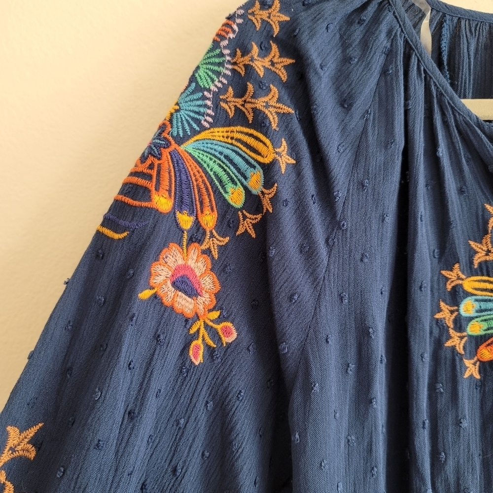 NEW Embroidered Floral V-Neck Balloon Sleeve Shirt Blue Swiss Dot Boho Hippie - Picture 7 of 11